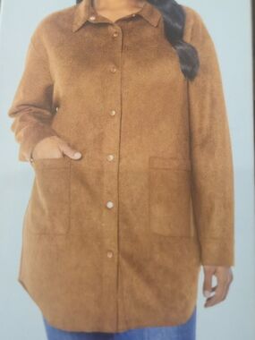Well Worn Cognac Suede-Texture  Button Front Shacket